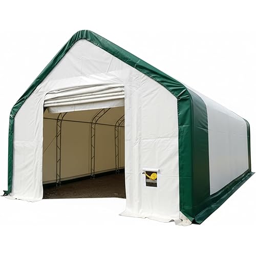 20x40x16 ft Peak Double Truss Storage Shelter, Heavy Duty Canopy, Winch Rollup Door, Outdoor Garage Tent for Vehicles Equipment (22oz)