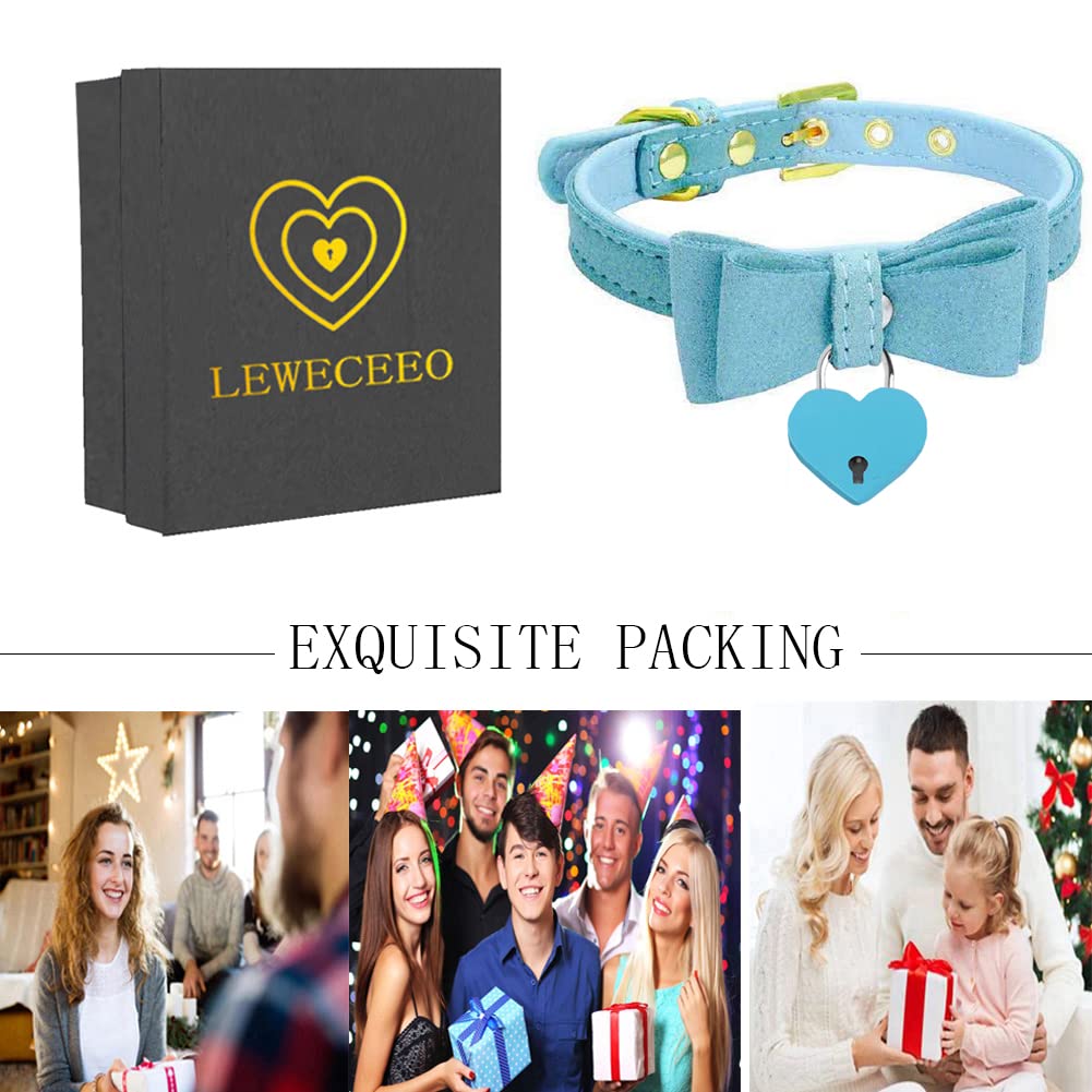 LEWECEEO Women Heart Lock Collar Necklace Choker with Bell Bow Cosplay Necklace: Blue
