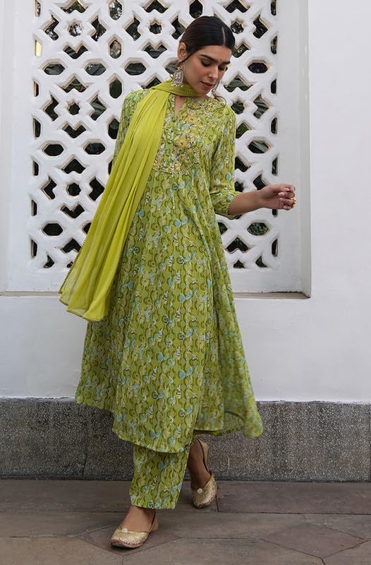 Janasya Indian Women's Georgette Lime Green Festive Kurta Set for Women3