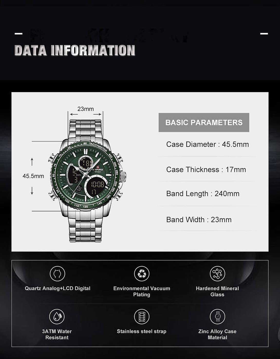 NAVIFORCE NF9182-GREEN Watch dimensions and basic parameters