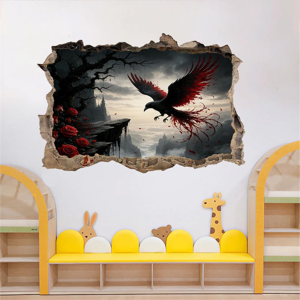 3D Durchbruch Wandtattoo Mädchen Kinderzimmer Krähe Wandaufkleber Dekorative Rote Rosen Wandsticker für Junge Teenager Zimmer Wohnzimmer Schlafzimmer Wandbilder Deko