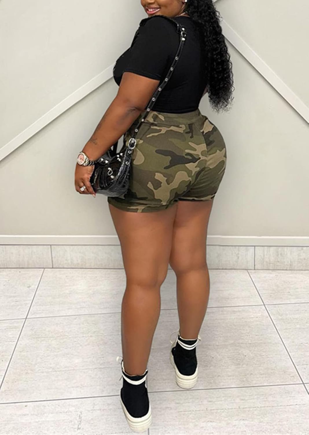 HuiSiFang Womens Camo Cargo Shorts Elastic High Waist Loose Fit Casual Shorts with Pockets - Image 4