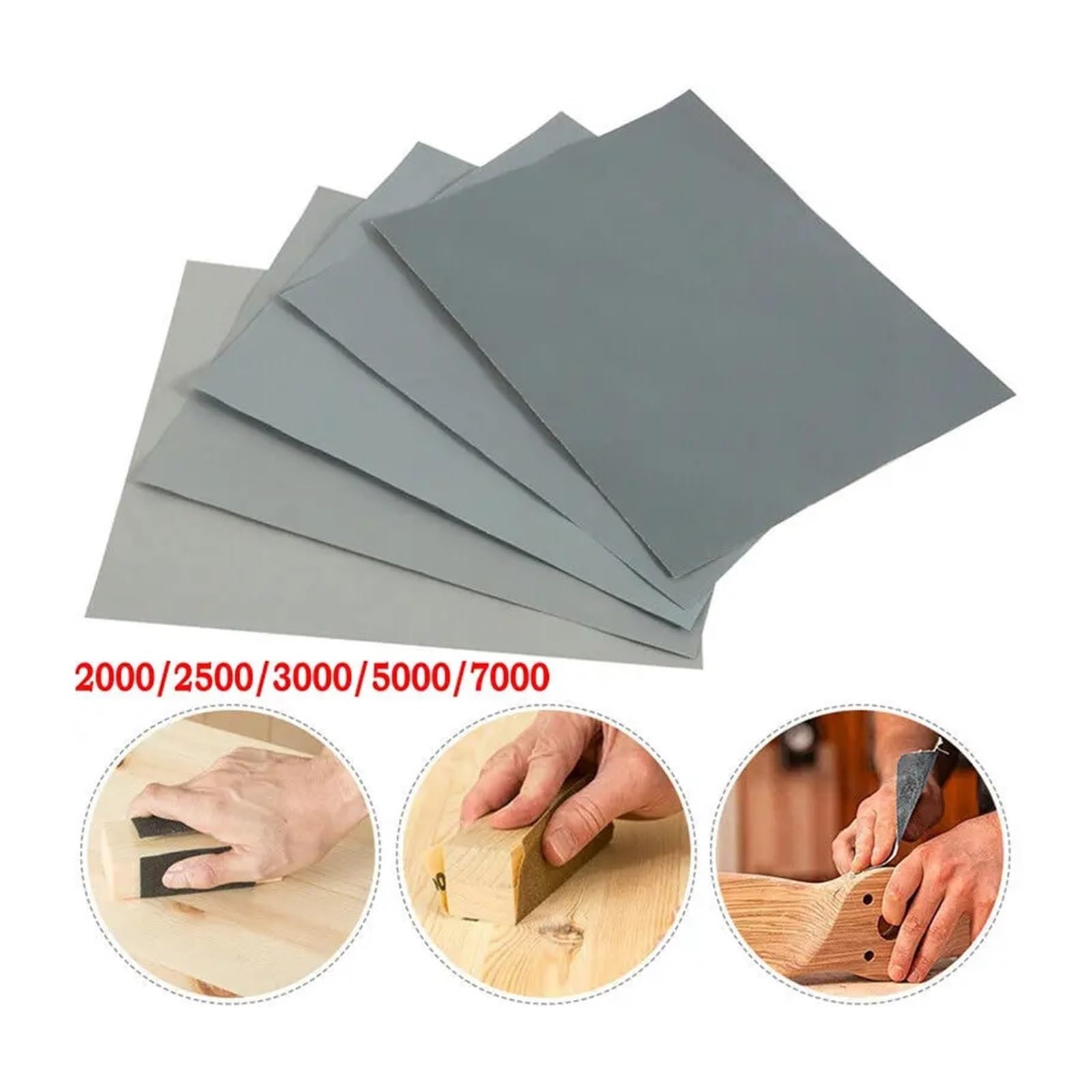 Papel de Lija, Paquete 5 Hojas Papel al Agua, Grano Suave 2000, 2500, 3000, 5000 y 7000, for Uso en seco húmedo, 23 x 9,3 cm