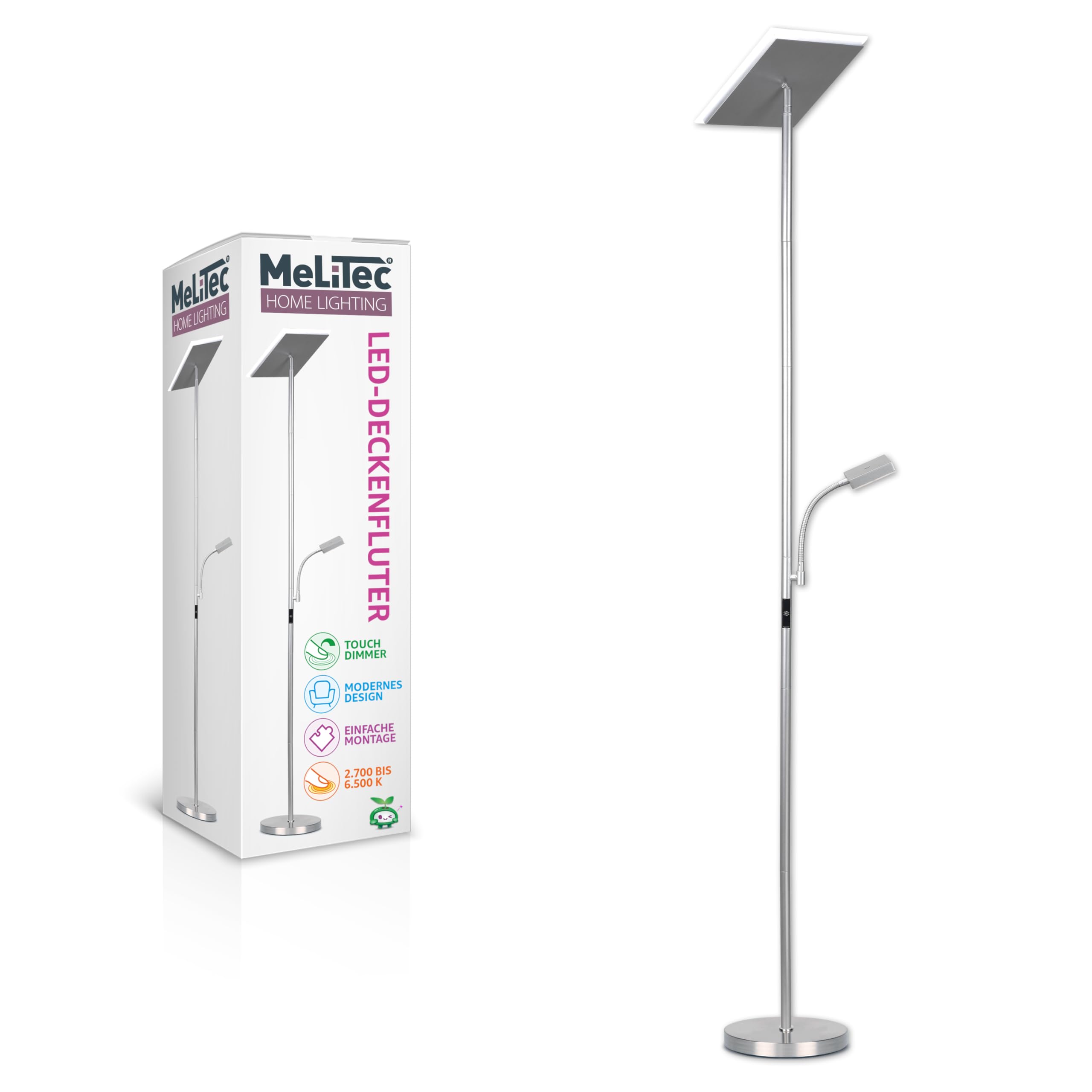 MeLiTec LED Deckenfluter mit Leseleuchte | Titan | Eckig | Dimmbar Warm- bis Kaltweiß | Stehlampe | ST59