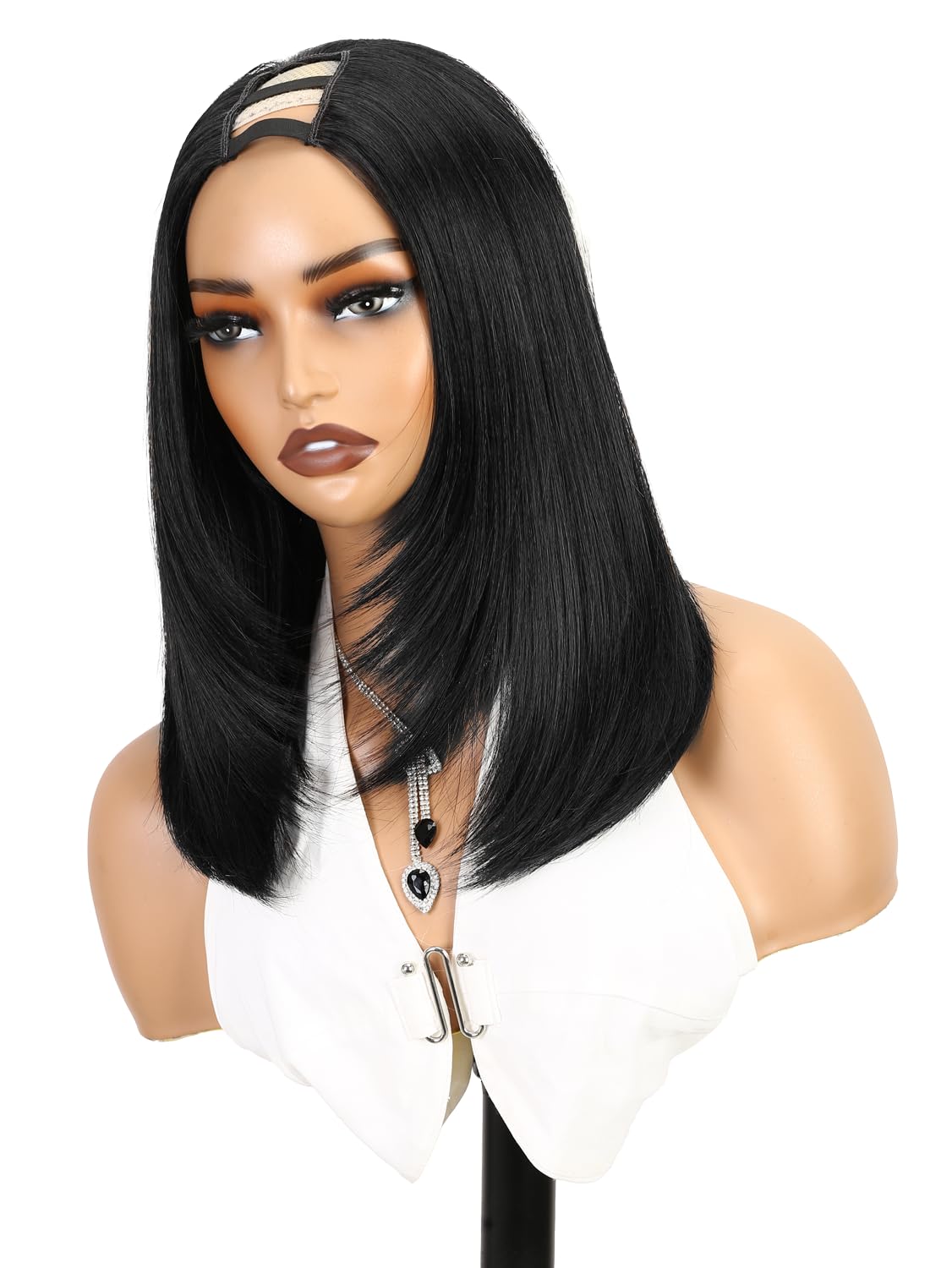 WIGNEE Perruque Bob Courte Noire U-Part Lisse Bob Dégradé 14 Pouces (Noir) | Perruque U Part, Demi-Perruque Synthétique à Clips, Yaki Perruque, Glueless, Aspect Naturel Pour Un Usage Quotidien