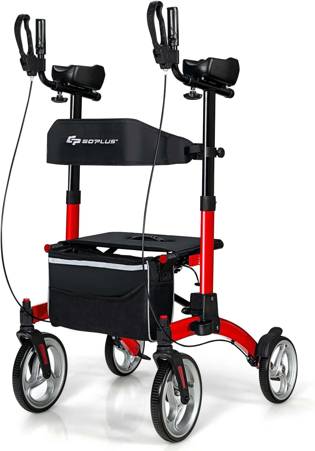 Goplus Upright Rollator Walker with Seat, 2 in 1 Stand Up Folding Rolling Walker with 10” Front Wheels, Backrest, Padded Armrests, Heavy Duty Rolling Mobility Walking Aid for Seniors and Adults