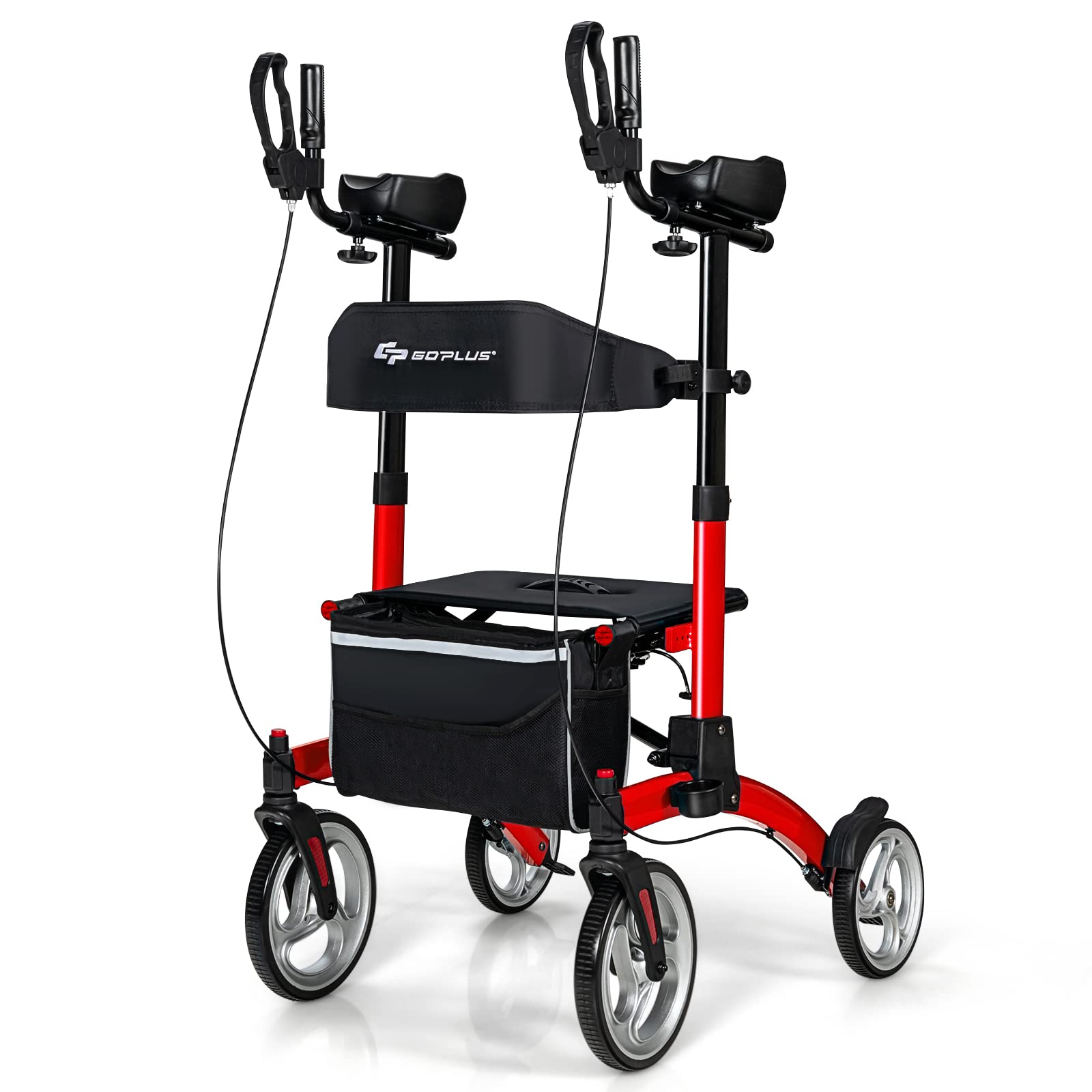 Goplus Upright Rollator Walker with Seat, 2 in 1 Stand Up Folding Rolling Walker with 10” Front Wheels, Backrest, Padded Armrests, Heavy Duty Rolling Mobility Walking Aid for Seniors and Adults