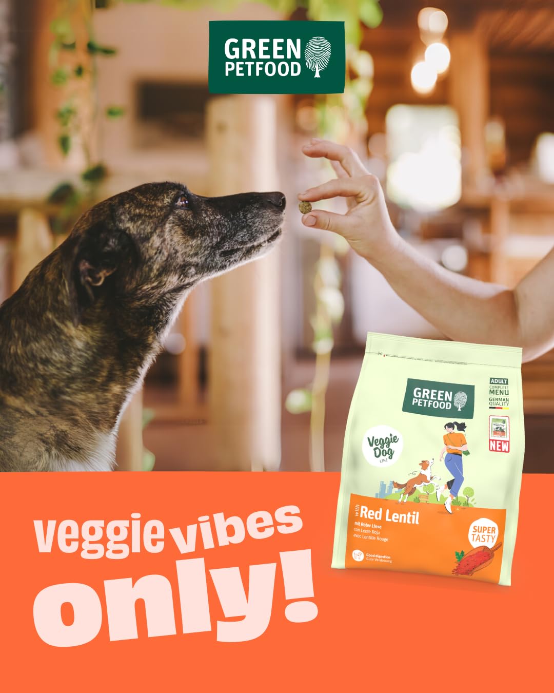 Green Petfood VeggieDog mit roter Linse (1 x 10 kg) | Adult | Premium Trockenfutter für ausgewachsene Hunde | 100% vegetarisch | weizenfrei | besonders verträglich mit Flohsamenschalen | 1er Pack