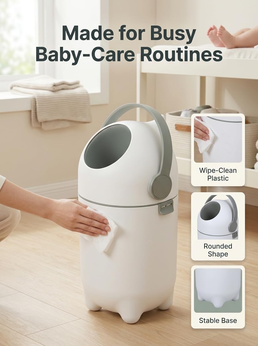 Diaper Pail, 3.96-Gallon Odor Control Diaper Disposal Bin with Airtight Lid and Odor-Blocking Baffle, Fits Standard Kitchen Trash Bags, 10.63 x 10.63 x 19.69 in, White White