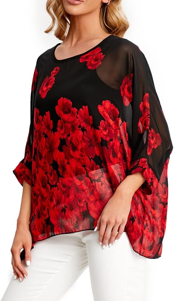 Ckikiou Womens Batwing Loose Chiffon Summer Blouse Tunic Floral Printed Boho Beach Cover ups - Image 3