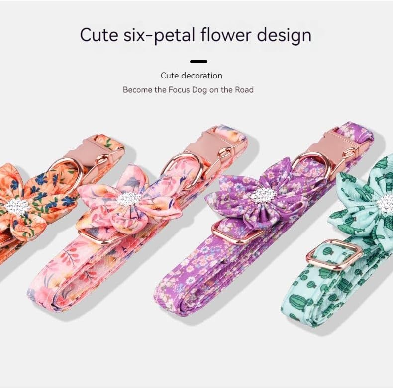 Miniatura 5 de Juego personalizado de collar y correa para perro con nombre y placa de número de teléfono, collar de perro con margarita personalizado para perros
