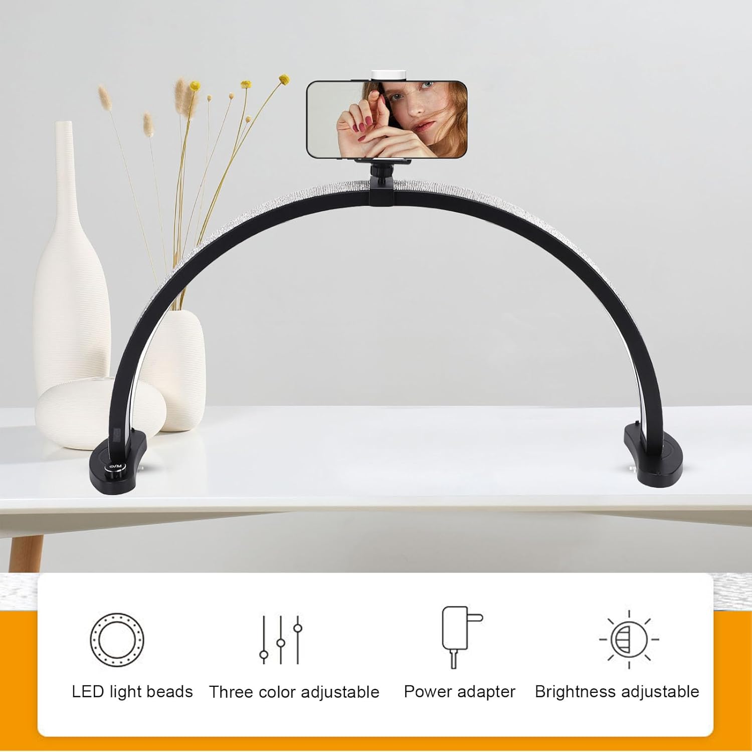 Garosa 28in Nail Desk Lamp 40W Half Moon Light with Phone Holder Adjustable Color Temperature 3200K-5600K 10 Brightness Levels 3 Light Colors for Makeup Spa Salon (US Plug)
