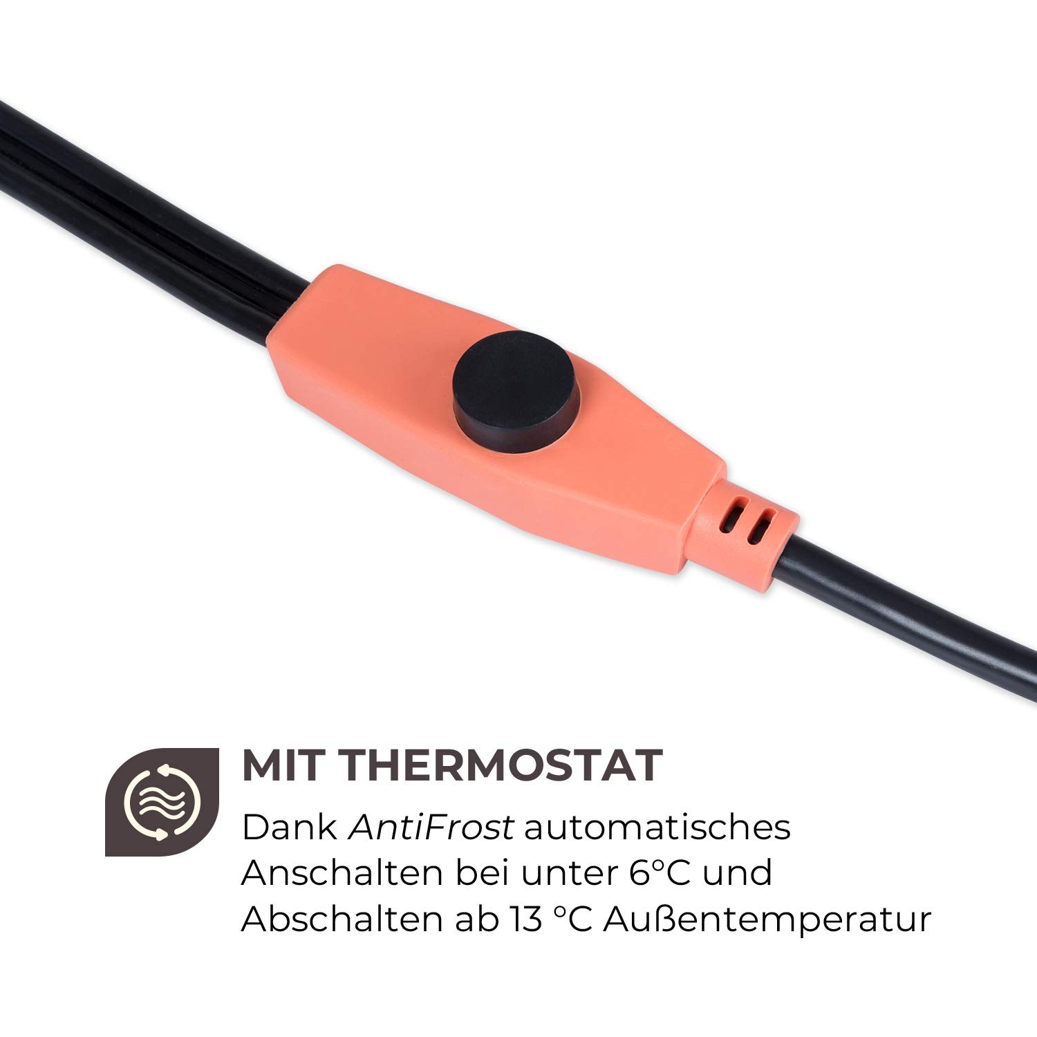 Waldbeck Flow Wire 18 vorstbeschermingskabel, lengte: 18 m vorstbeschermingskabel 1,8 m voeding, met thermostaat, schakelt in onder 6 ° C, verwarmingsvermogen: 16 W/m, beschermingsklasse: IP68