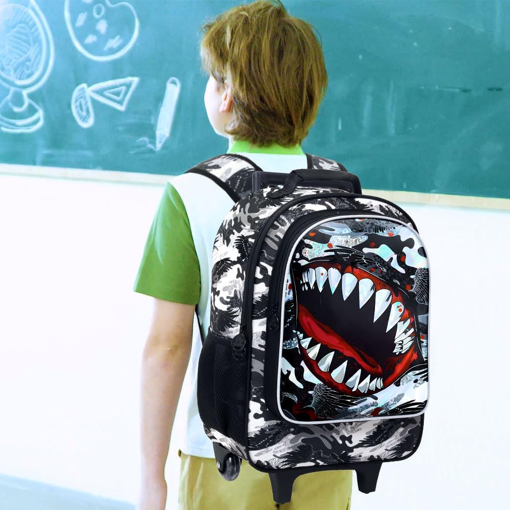 3PCS Shark Rolling Backpack for Boys, Roller School Backpack with Wheels, Kids Wheeled Bookbag for Elementary Preschool Kindergarten(Black)