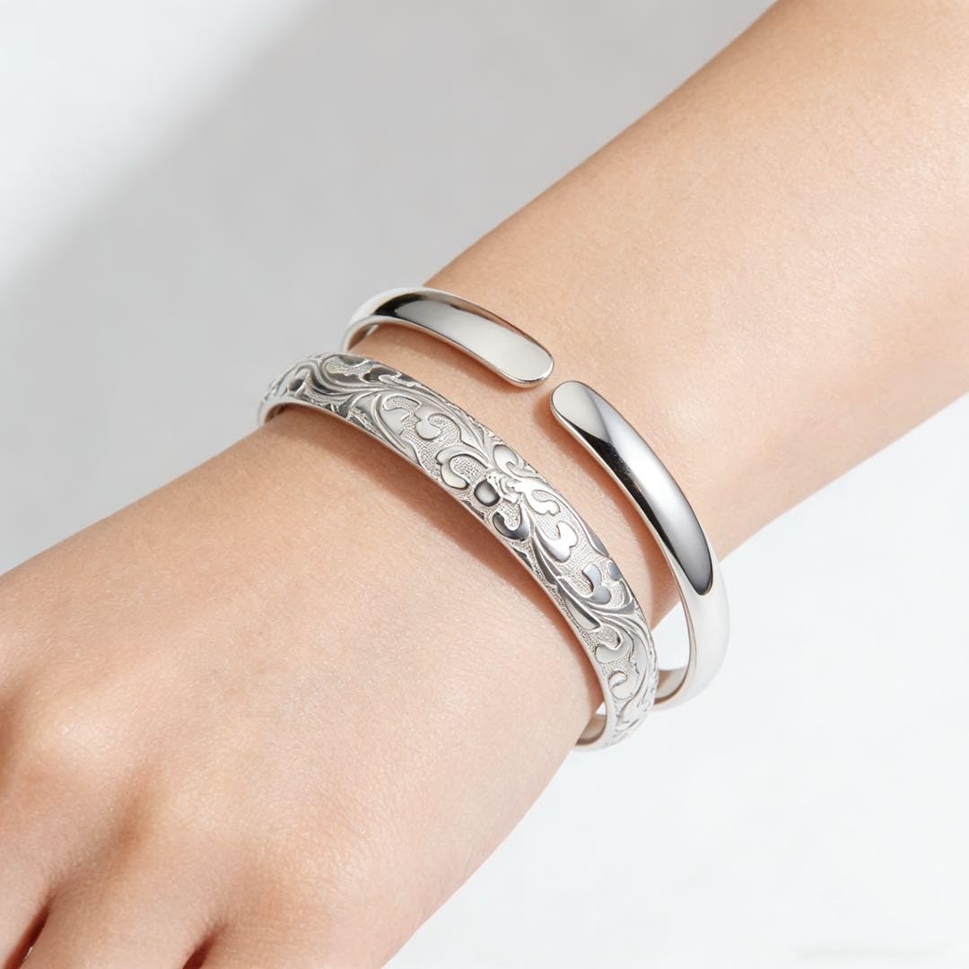 Silver Open Cuff Bracelets for Women,Handmade Pattern Bangle 2 Pcs Bracelets Set Dainty Modern Bracelet with Classical Charm Jewelry Gifts for Women - Image 3