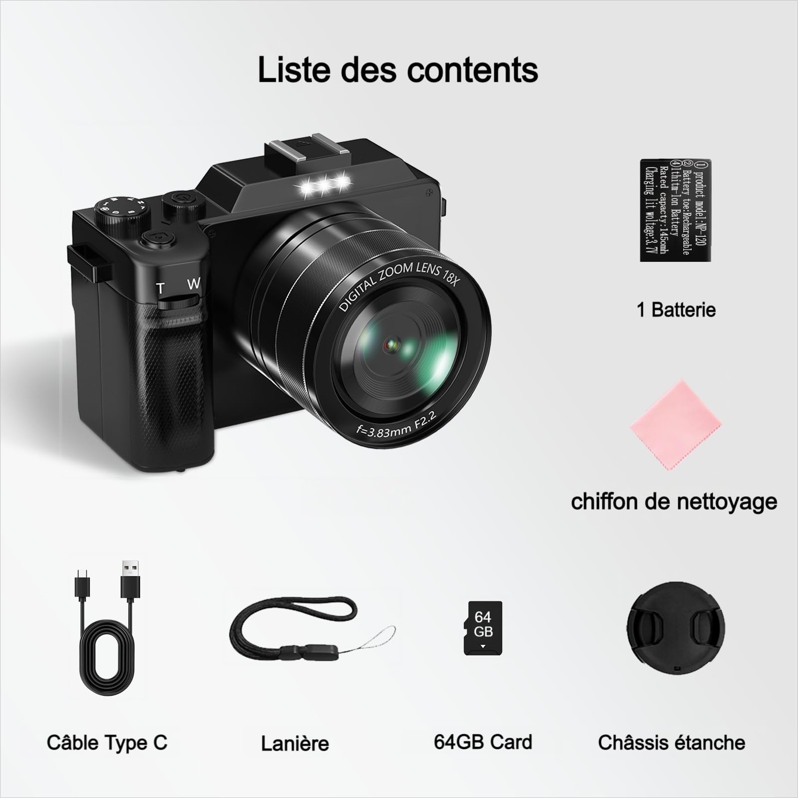 Appareil Photo Numérique, 5K 64MP Digital Camera avec Carte 64GB WiFi, Autofocus Appareil Photo Compact LCD Écran 3'' Selfie Camera de Vlog pour Adolescents Débutants Adulte Youtube