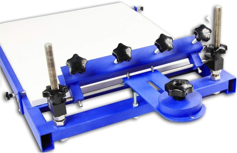 Side view of the screen printing press showing adjustment knobs