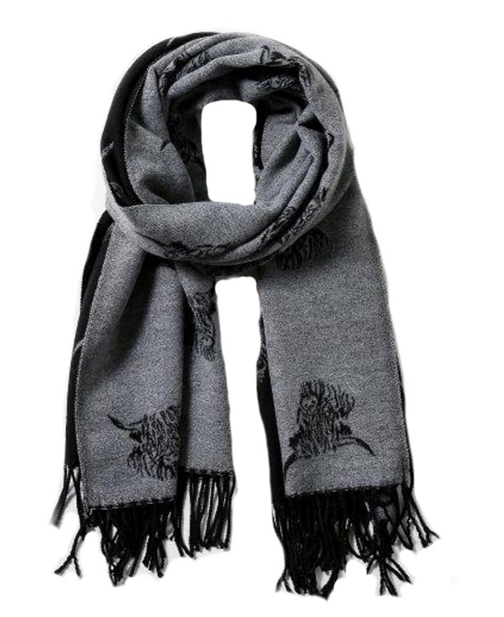 LilyRosa Women's Highland Cow Scarf Pink Black Cattle Coo Cashmere Blend Wrap… (Black & Grey)