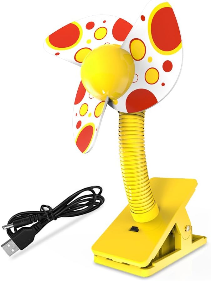 [Baby Safety] Clip On Stroller Fan with Soft Foam Blade Mini Desk Fan Powered by USB/ 2 AA Batteries (Yellow)