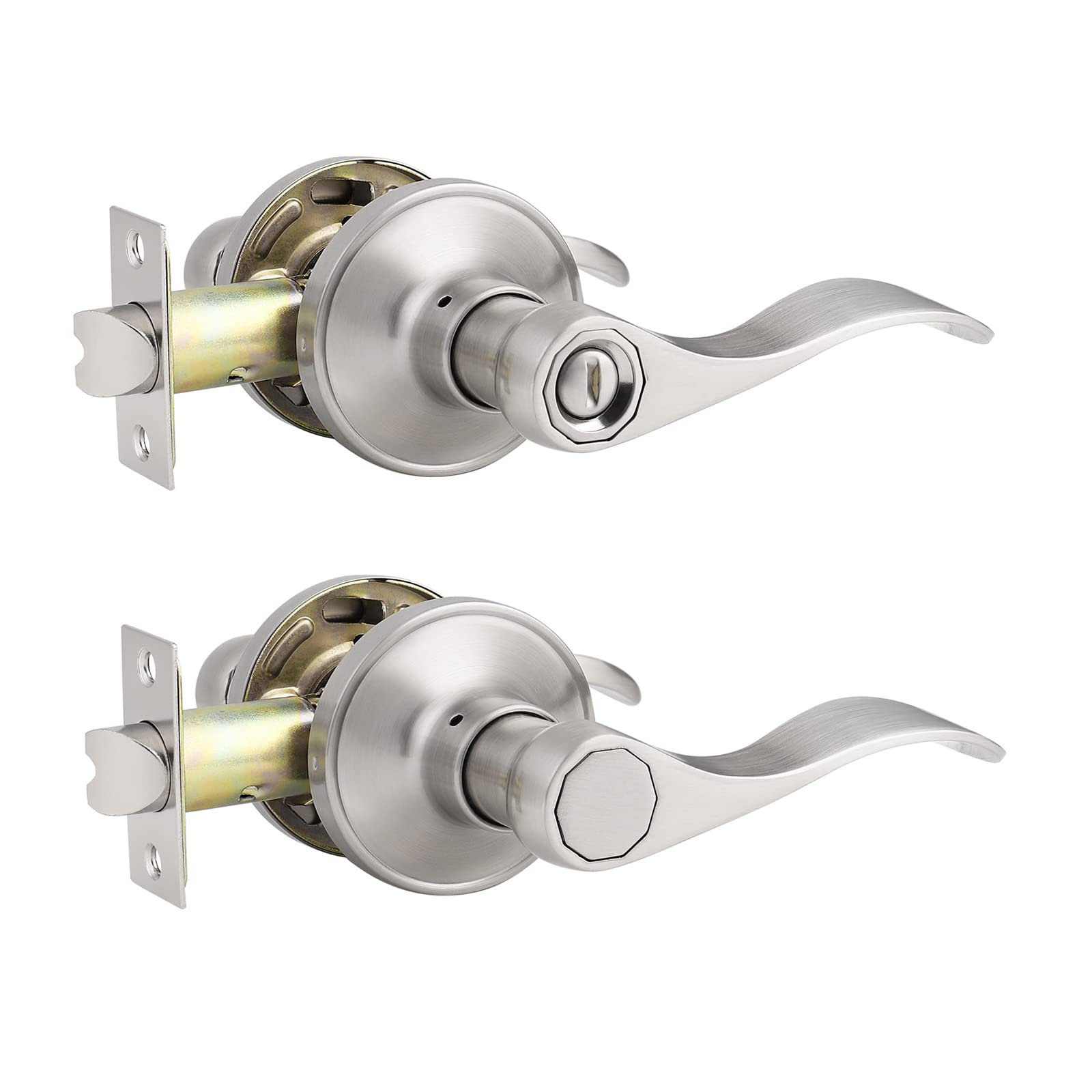 Knobonly 6 Pack Privacy + Passage Door Handle in Satin Nickel, Wave Style Interior Door Lever with 6 Bundle for Bedroom, Bathroom, Hallway and Closet