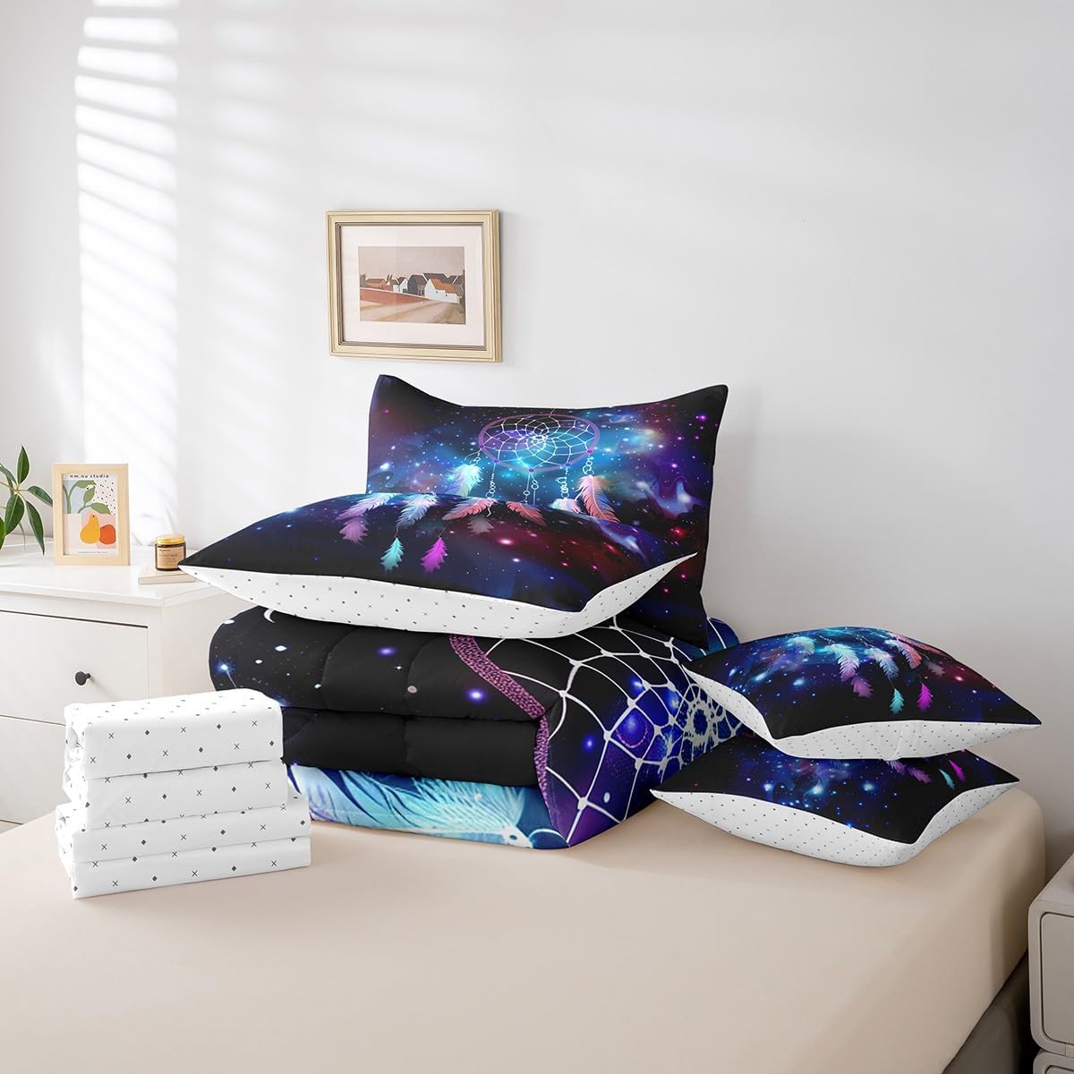 Feelyou Dreamcatcher 7 Piece Bedding Set Twin, Galaxy Boho Dream Catcher Comforter Set with Sheets Bohemian Exotic Bedding Sets with Comforter, Pillowcases, Flat Sheet, Fitted Sheet and Cushion Cover
