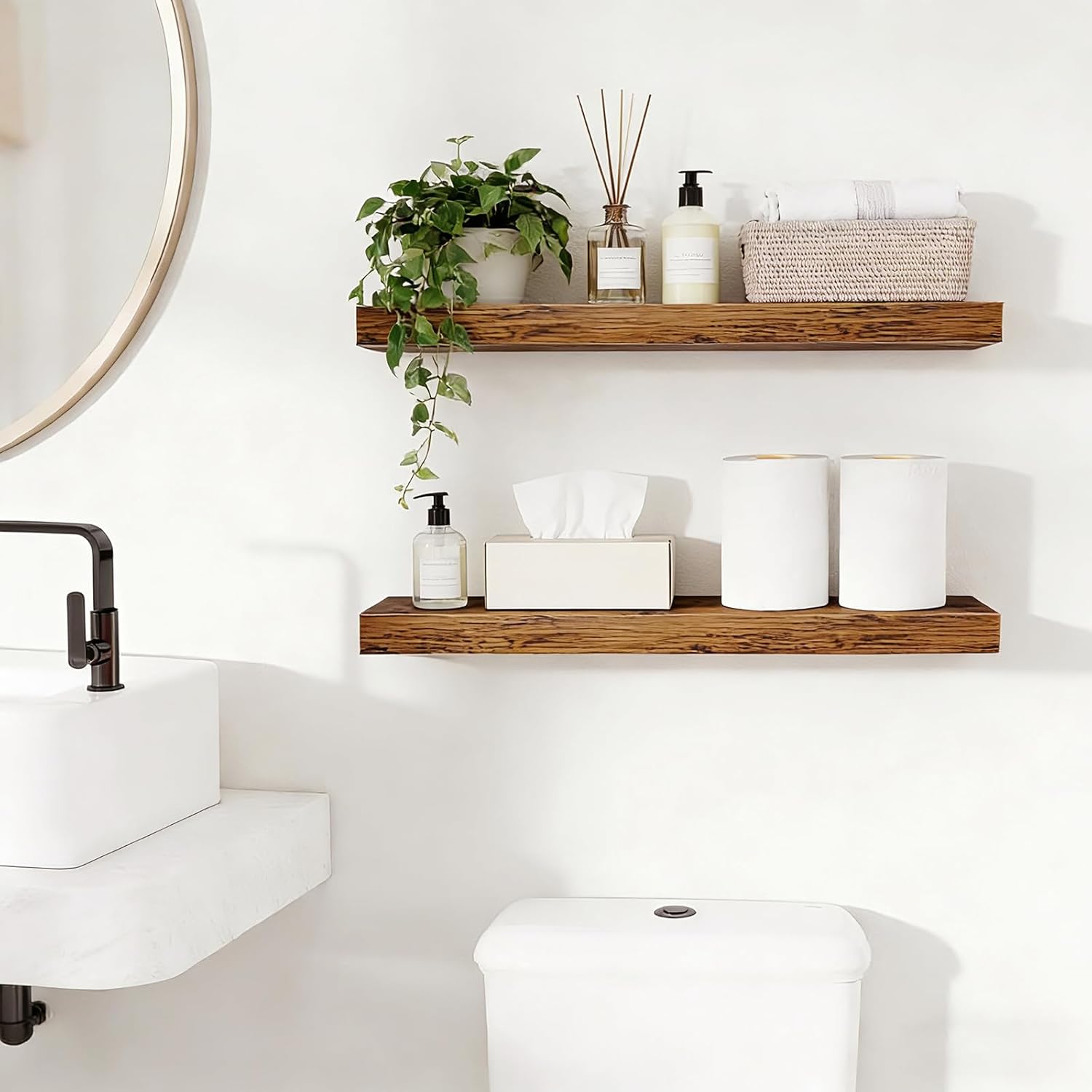 Heavy Duty Solid Wood Core Floating Shelves, 23.6" L x 9.25" D Wall Mounted Shelves with Invisible Brackets, 50lbs for Living Room Bedroom Bathroom Kitchen Over Toilet, Rustic Brown Set of 2