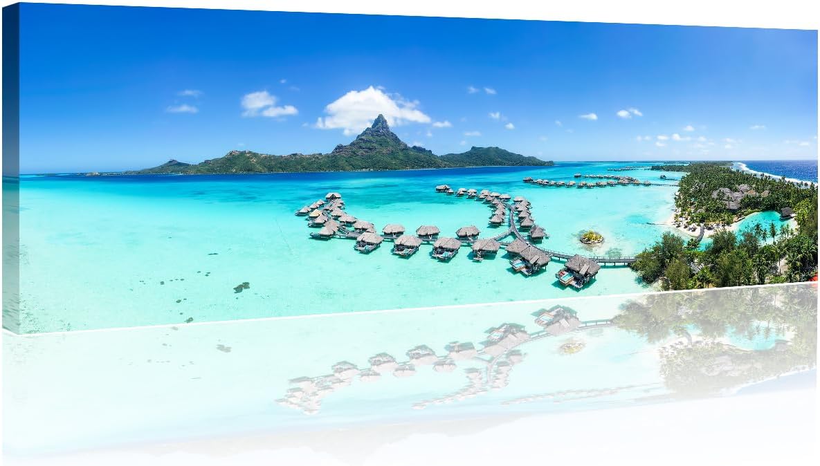 TUMOVO Beach Resort Skyline Wall Art Aerial View of the Bora Bora Atoll and Luxury Beach Resort Paintings Cityscape Seascape Scene Picture on Canvas for Home Decor Living Room 12x46 in