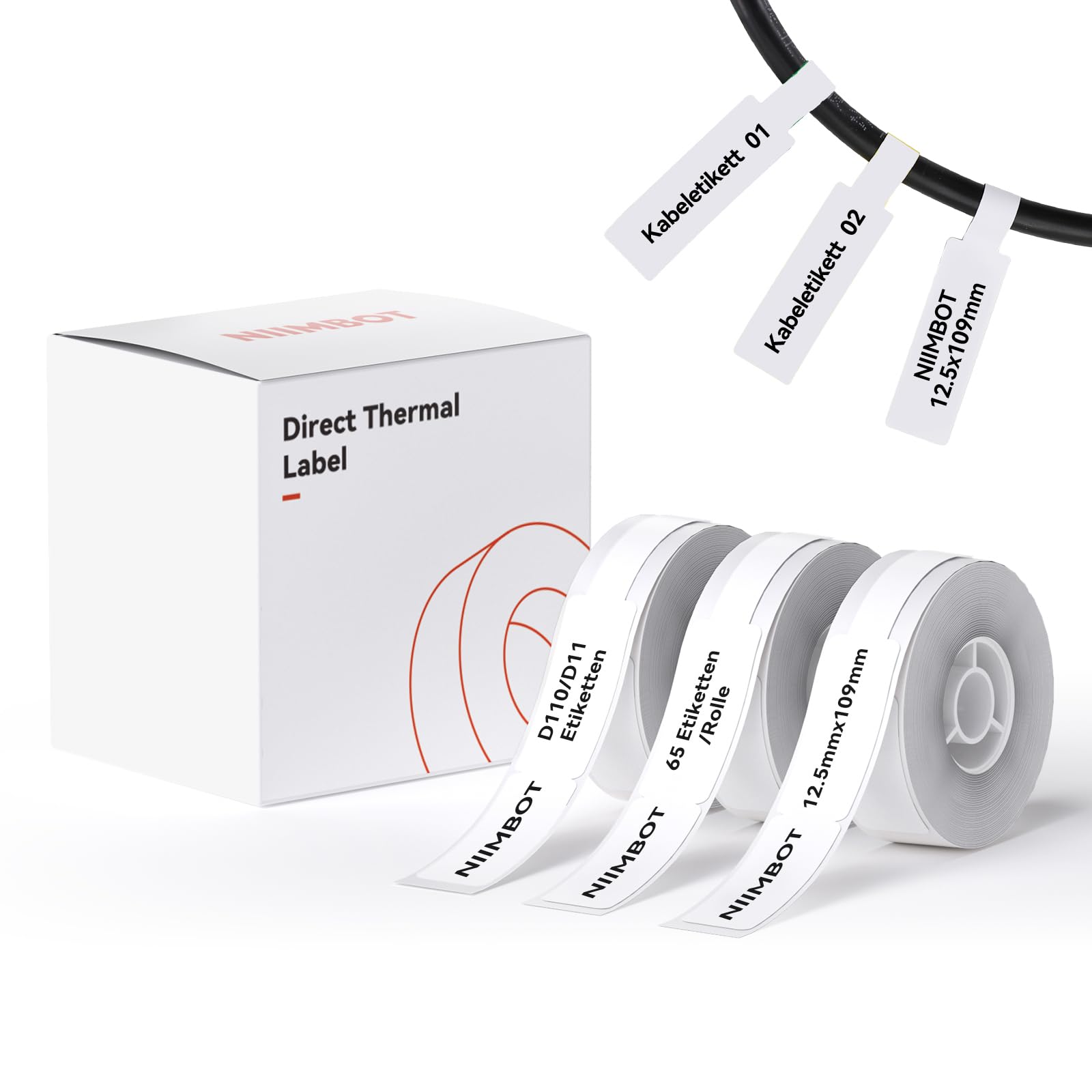 NIIMBOT D11 Label Tape D110 Label Maker Papers 3Rolls Cable Labels, Self-Adhesive Labeling Tape 0.47" X 4.29" (12 X 109mm) Cable Label Refills for