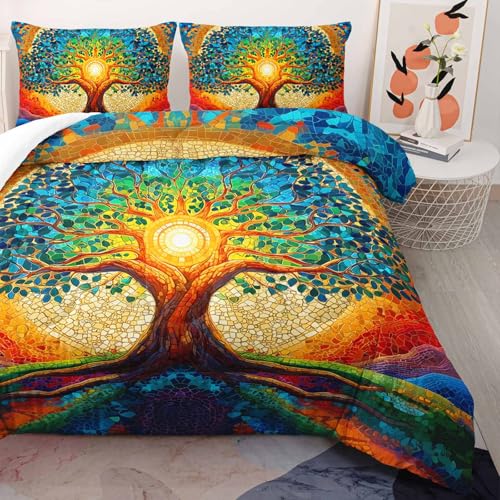 Image of AILONEN Colorful Tree of Life Bedding Set Full Size,Abstract Art Tree Boho Comforter with 2 Pillowcases,3-Piece Lightweight Microfiber Bed