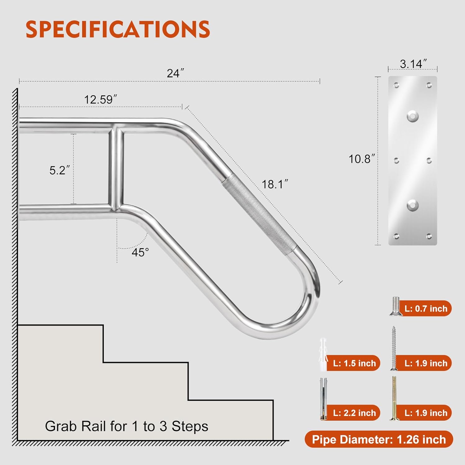Handrails for Outdoor Steps Wall Mount, 2026 Upgrade 304 Stainless Steel Porch Railing, Deck Hand Rail Wall Mount Stair Hand Grab Bars Suitable for Indoor, Garden, Garage, Porch, Courtyard