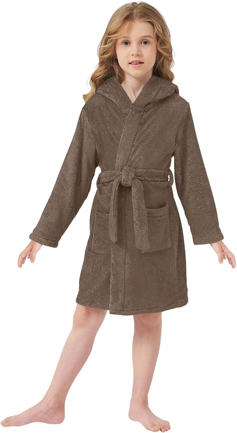 ODAWA Chocolate Brown Kids Bathrobe, Ultra Soft Plush Hooded Towel Robe for Boys Girls, Quick Dry Bath Wrap with Pockets