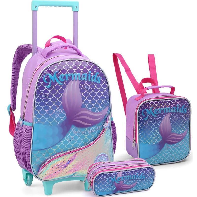 Kit Mochila Infantil Com Rodinha Menina Sereia Princesa Escolar Lancheira e Estojo Bolso Frontal (Sereia)