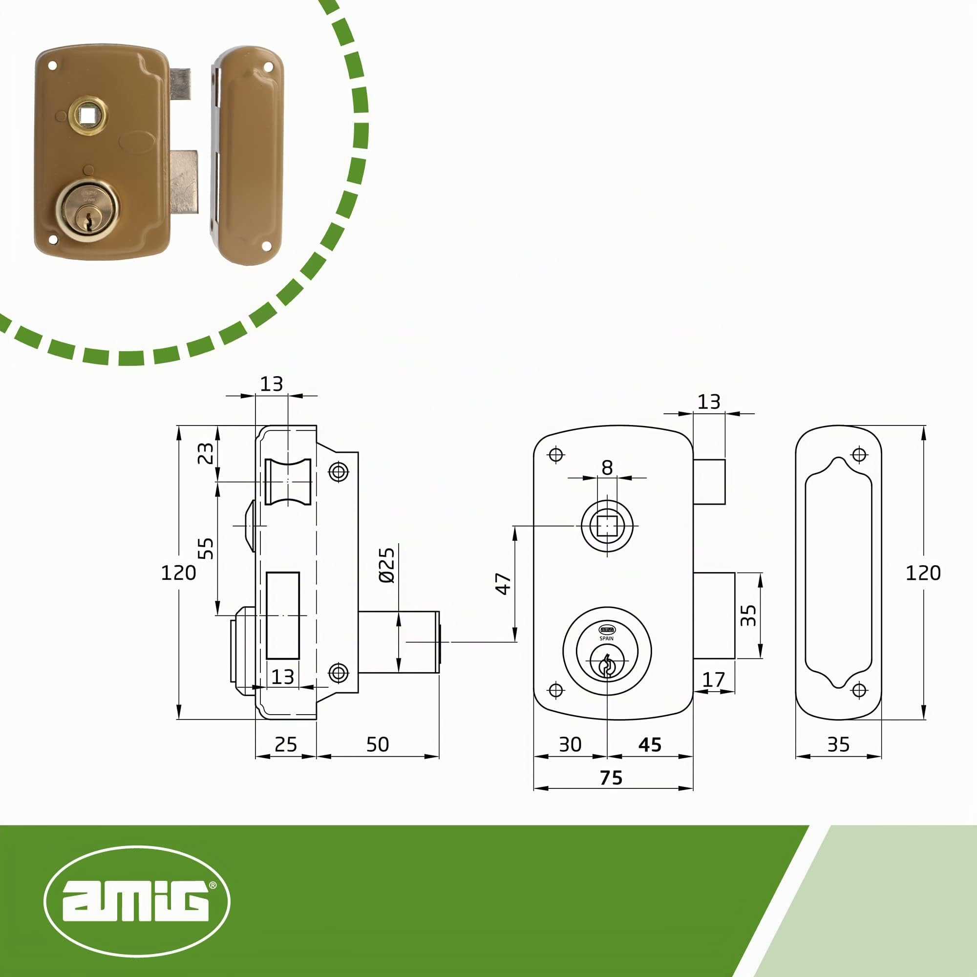 Amig - Serratura a Sovrapposizione a Destra con Leva di Chiusura e Linguetta per Porte in Legno Mod. 75UN 76 x 120 mm Cilindro rotondo di sicurezza in acciaio dorato