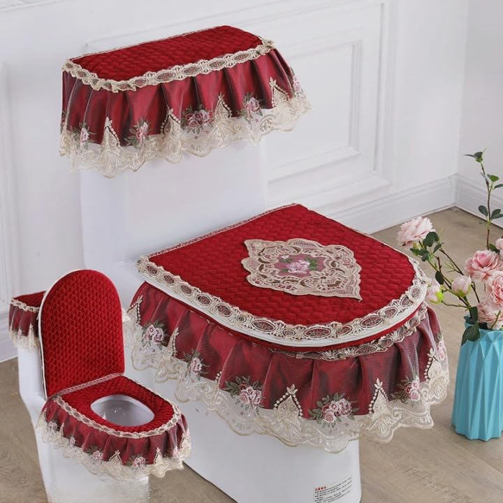 Toilet Lid Cover Set,3PCS/set Velvet Toilet Pads Toilet Lid & Tank Covers Lace Cloth Toilet Seat Cover Pads Lace Toilet Lid Covers(Blauw)(Roze)