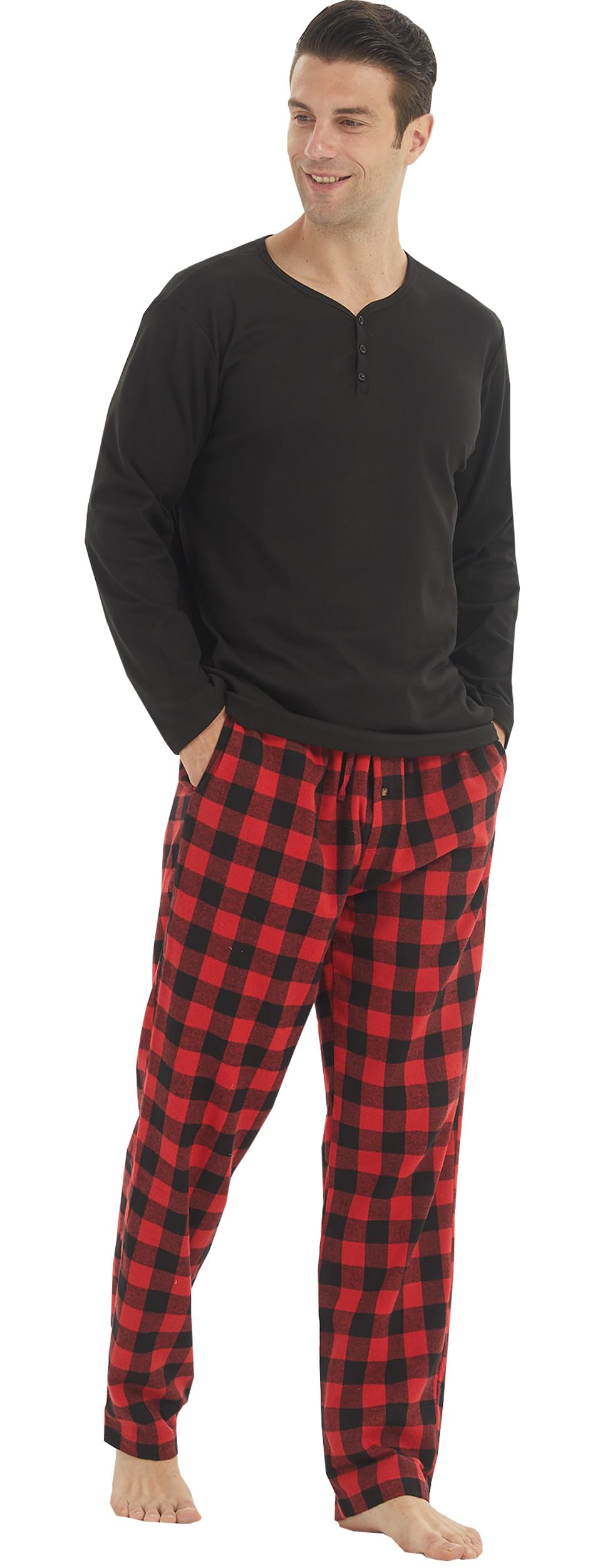 BEGIANT Schlafanzug Herren Lang Zweiteiliger Winter Henley Langarm Shirt Flanell Karierter Pyjamahose mit Tasche Weich Fleece Pyjama Loungewear Set