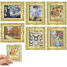 6PCS Mini Framed Art Dollhouse Wall Art Set 112 Scale Miniature Framed Picture Painting, Vintage Golden Antique Gold Frames Oil Photo for Gallery Home Decor Accessory, Tiny Van Gogh Monet Artwork