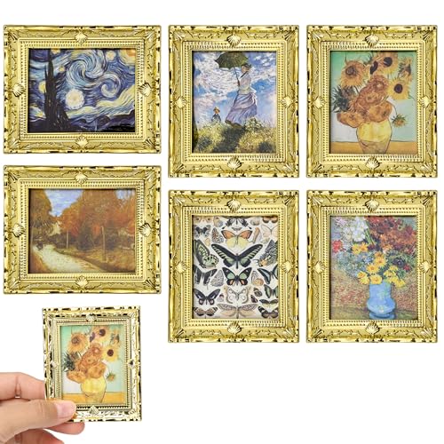6PCS Mini Framed Art Dollhouse Wall Art Set – 1:12 Scale Miniature Framed Picture Painting, Vintage Golden Antique Gold Frames Oil Photo for Gallery Home Decor Accessory, Tiny Van Gogh Monet Artwork