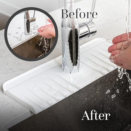Tyoaro Sink Faucet Splash Guard (1Pc, 14.6 X 5.5") - Silicone Faucet Drip Catcher Mat For Kitchen, Island And Bathroom - Self-Draining, Anti-Slip Soap Dish And Sponge Holder (White) #TOP4
