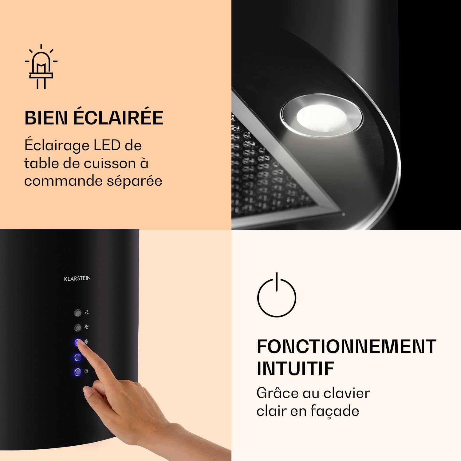 Klarstein Barella - Hotte aspirante, 557 m³/h en mode recyclage, LED, filtres à charbon, 35 x 93 x 43 cm, Noir