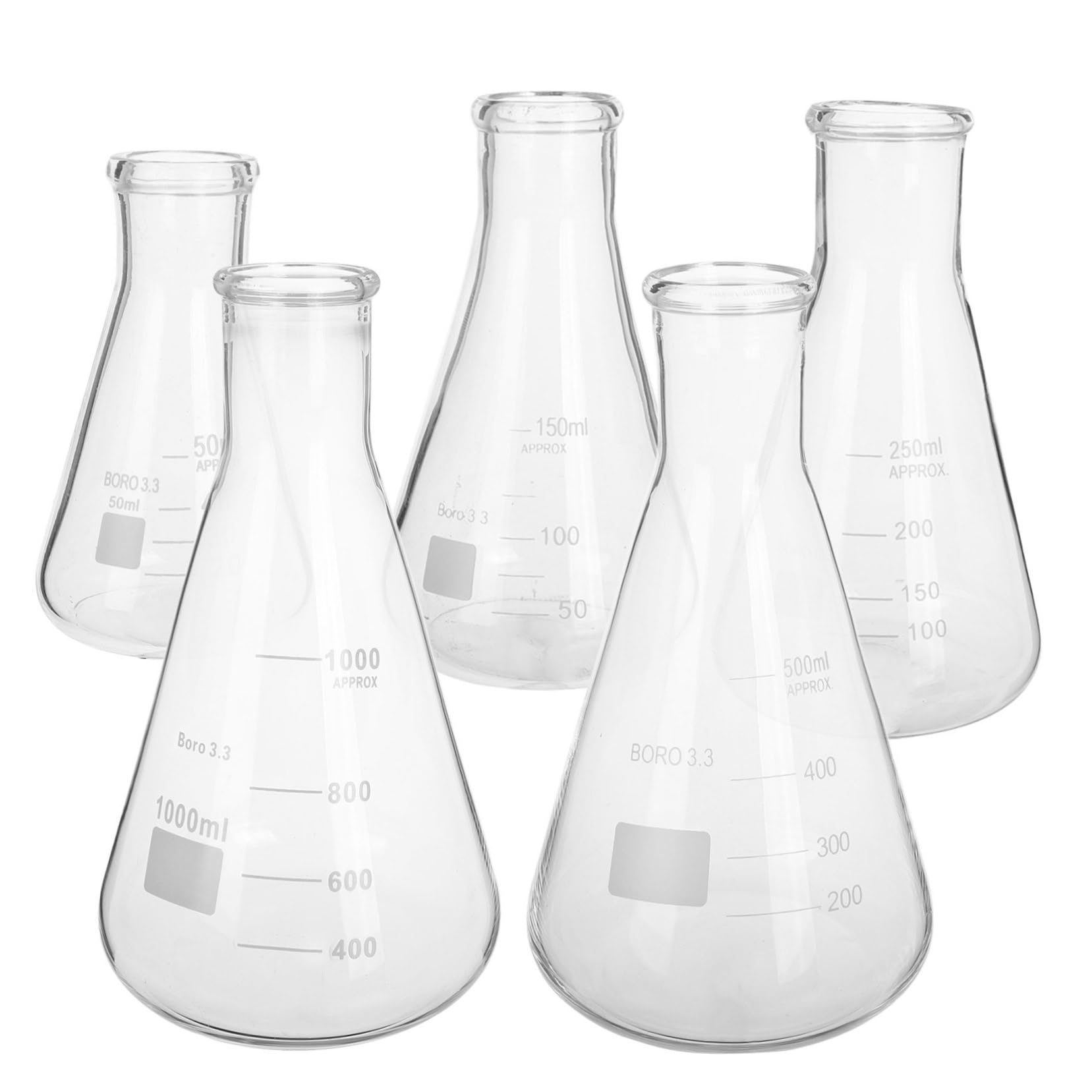 MAGICLULU Erlenmeyer Capacidad Variada 50ml a 1l de Vidrio Borosilicato Juego de 5 Matraces de Alta Resistencia Forma Cónica y Base Triangular, Accesorios Ideales para Laboratorio