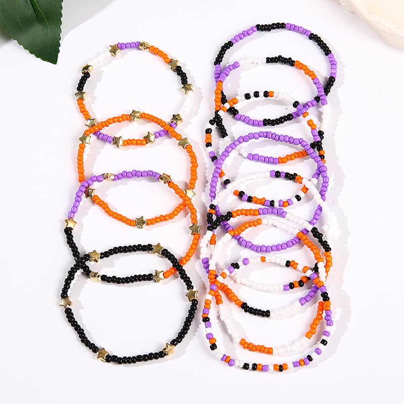 Handmade Halloween Multi-layered Beaded Bracelet for Women Black Orange Purple Colorful Halloween Thanksgiving Christmas Gifts Elastic Funny Pumpkin Ghost Halloween Bracelet4