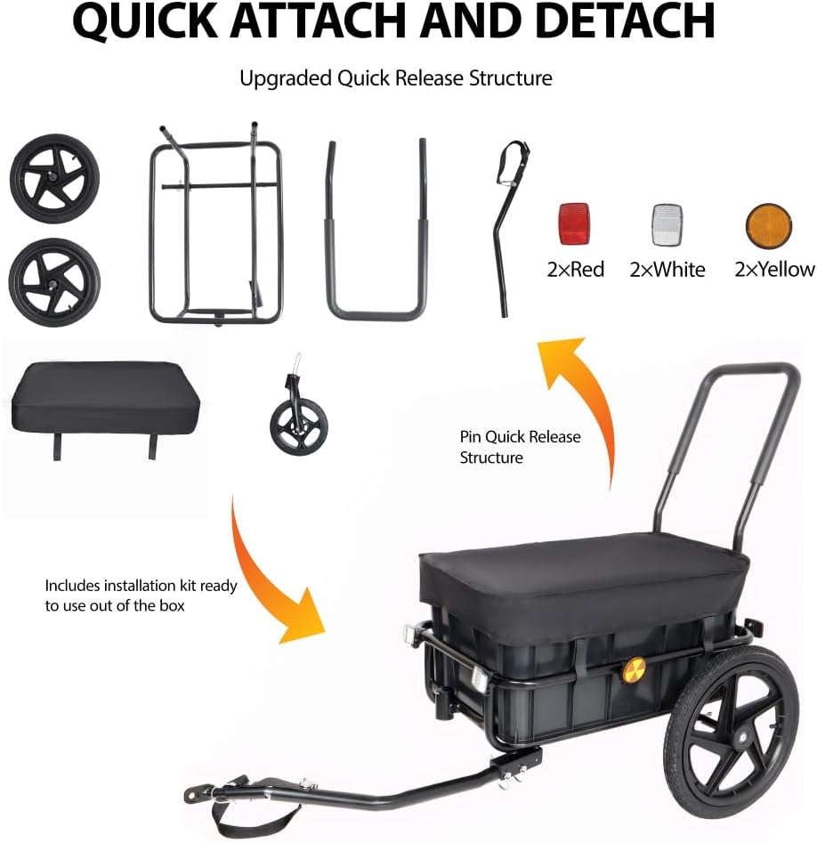 2-in-1 Bike Cargo Trailer and Push Cart with Removable Waterproof Box, Heavy Duty Steel Frame for Bicycles, Black