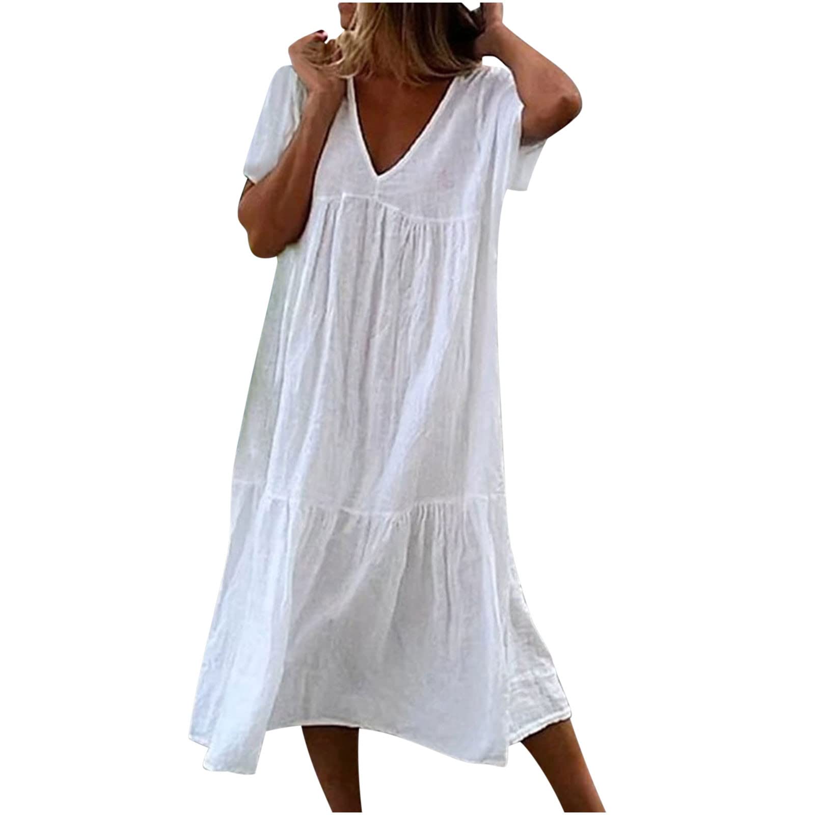 NUSGEAR 2023 Vestidos Largo Mujer Lino Verano Casual Vestido Fiesta Vestidos Manga Corta Moda Cuello en V Cómodo Suelto Color sólido Impresión Vestidos Plisada Elegante Vestido de Noche Playa Viaje