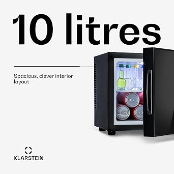 Klarstein Frosty Mini Fridge - Compact minibar with thermoelectric Cooling System, freestanding, 10 Litre Capacity, Cooling: 12-18 °C, Black, 33.5 x 30 x 34 cm (WxHxD)