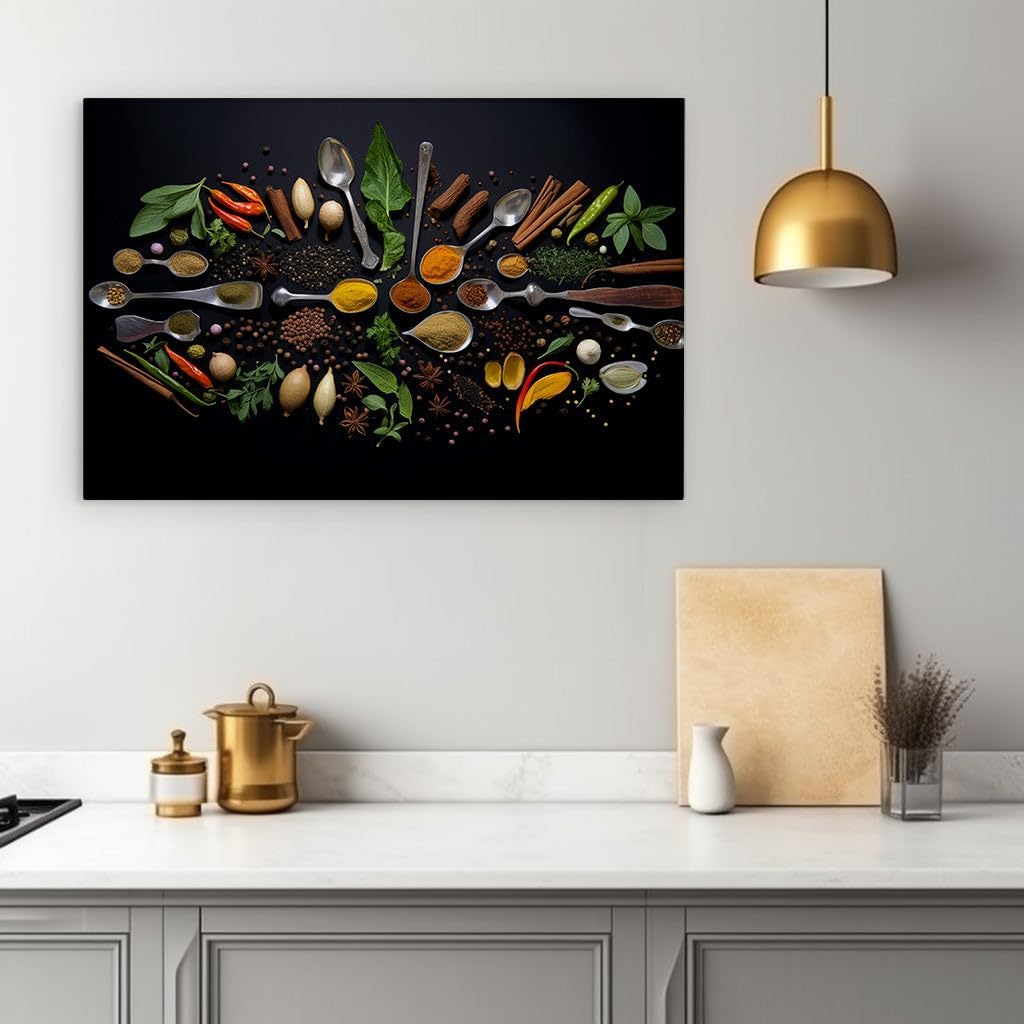 Canvas for Living room. Spice Symphony Unveiled in Aerial Spoon Spectacle, 27 x 18 inch Canvas Wall Art - Ready to Hang