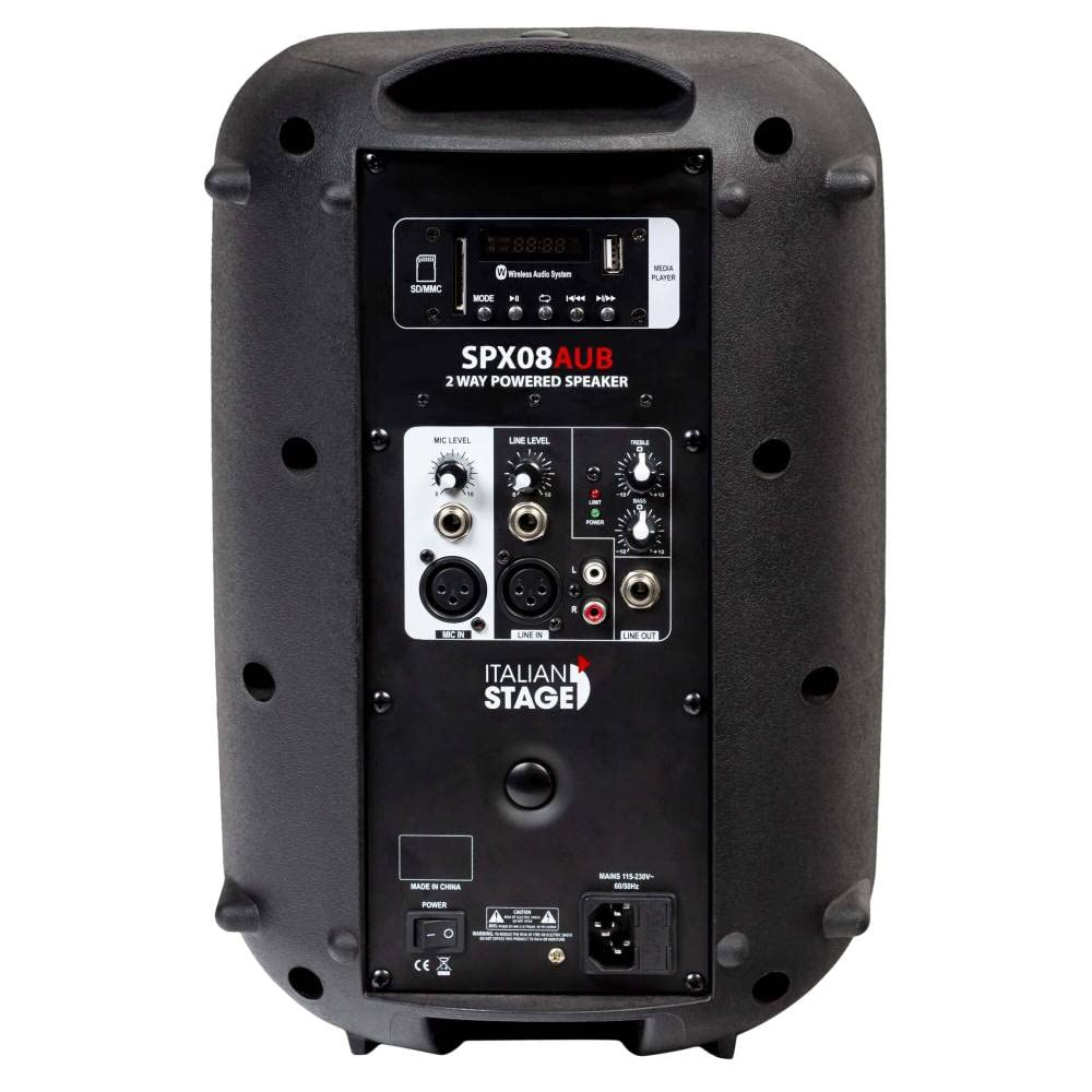Italian Stage IS SPX08AUB - Cassa Attiva diffusore bi-amplificato da 300w di Picco e 8" con Multimedia player: Usb Flash Drive, Sd Memory Card, STEREO Bluetooth Device, Remote Control, Nero