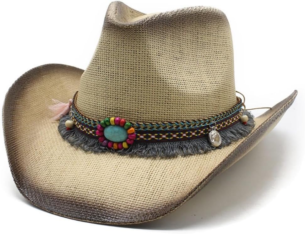 Western Cowboy Hat with Decorative Beaded Band, Turquoise Stone Accent, Grey Ombre Straw