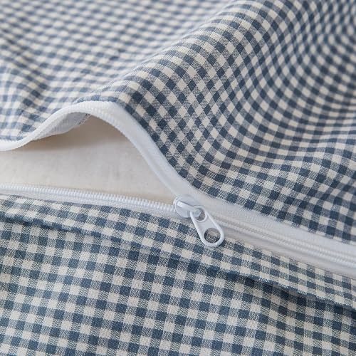 Image of VM VOUGEMARKET Mini Blue Gingham Duvet Cover King 100% Washed Cotton Bedding Set Like Linen Soft Breathable 3 Piece Classic Plaid Checkered Comforter Cover Set (King 104 inchx90 inch, Comforter Not Included)