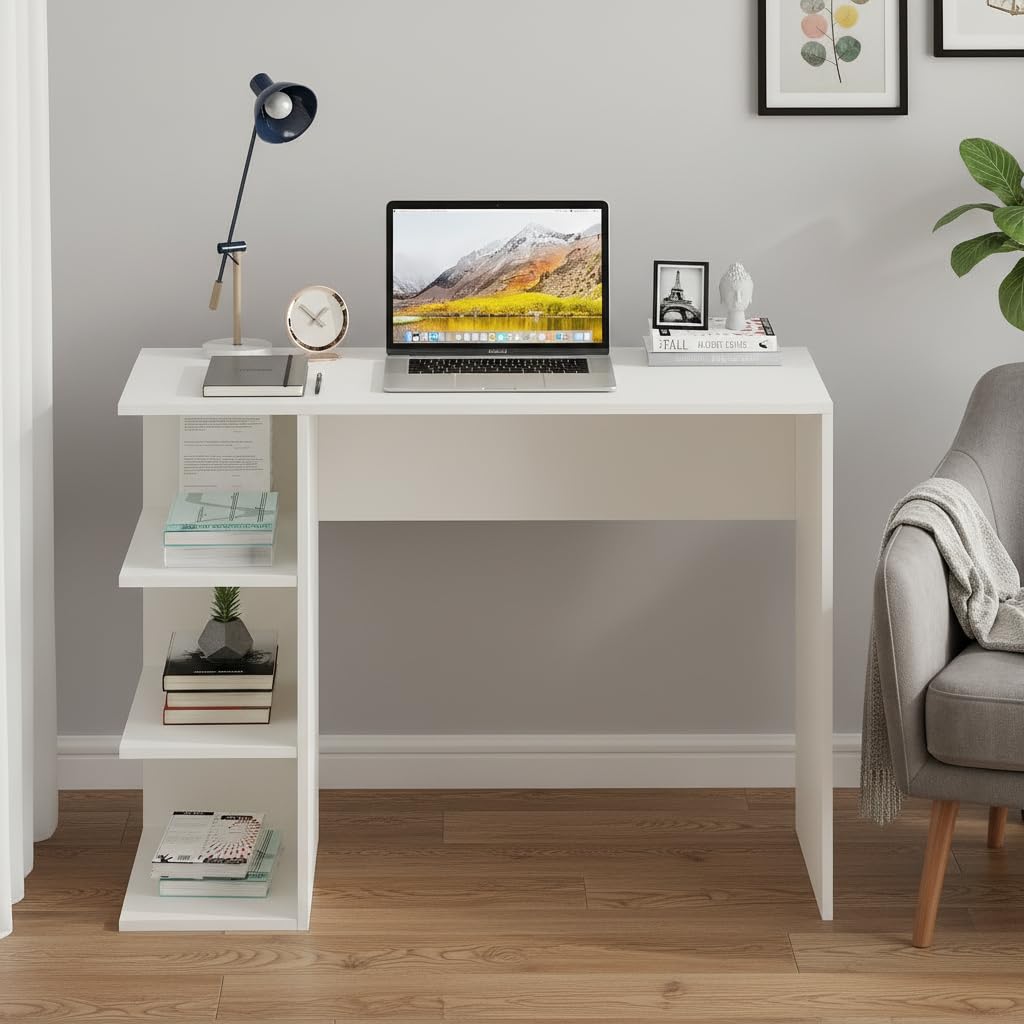 FURNEASER Qualish Study Table with Under Desk Storage Shelf – Desktop Table for PC, Laptop, Study, Drawing, Gaming Computer Table Office Furniture for Home Office 103X40 cm (White)