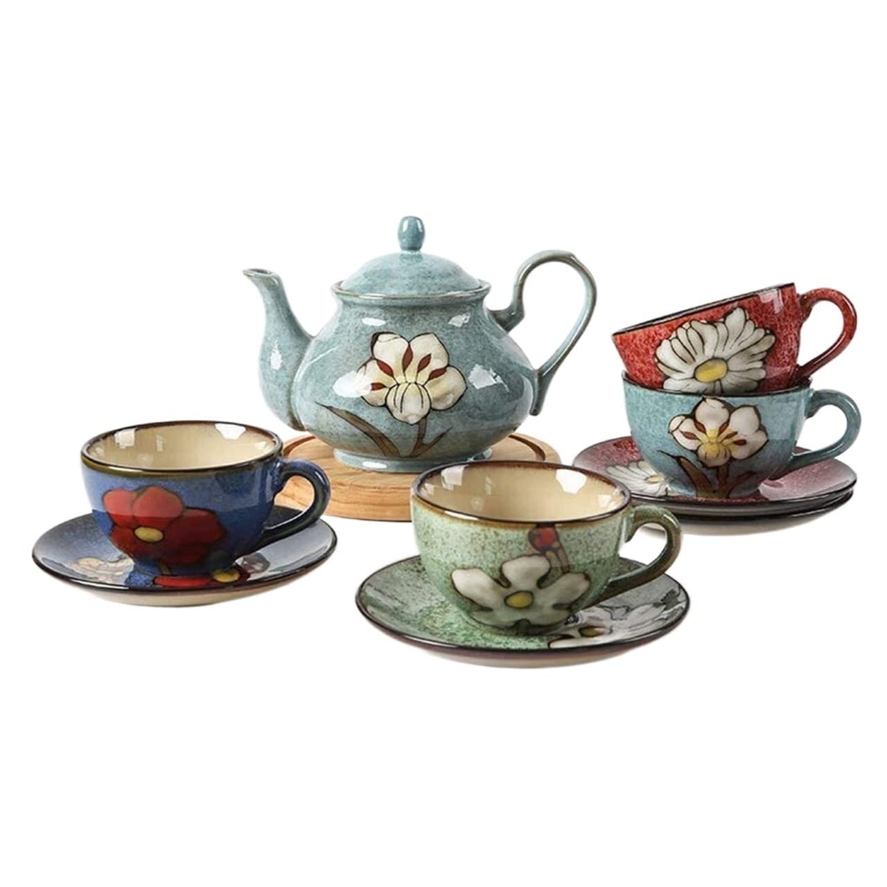 YNIYUJKL Vceramics Coffee Cup Saucer Set With 4 Pieces Home Porcelain Tea Set With Teapot And Coffee Dish Vintage Hand Drawn Tea Cup And Saucer Set